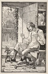 Onmiddellijk sprong een klein wezen onder de leren resten aan zijn voeten vandaan, en met zijn armen in de zij, lachte hij een kabouterlach in het verbaasde gezicht van Taffy, illustratie uit 